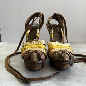 Bottega Veneta Multicolor Raffia Ankle Wrap Platform Wedge Sandals Womens US 8.5